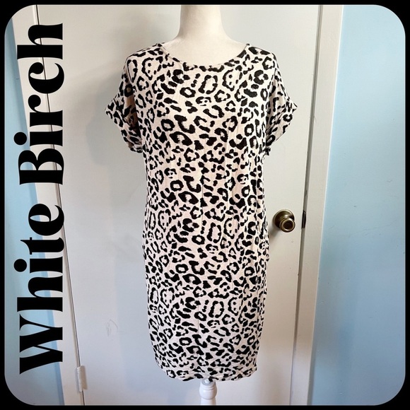 WHITE BIRCH Cream with Black Leopard Print Short Sleeve Stretch Knit Dress LARGE - Picture 1 of 9